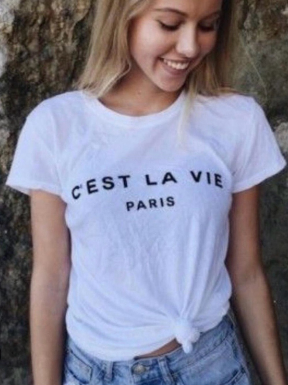 NWT Brandy Melville White C'est La Vie Paris with Black Graphic Tee. One Size.